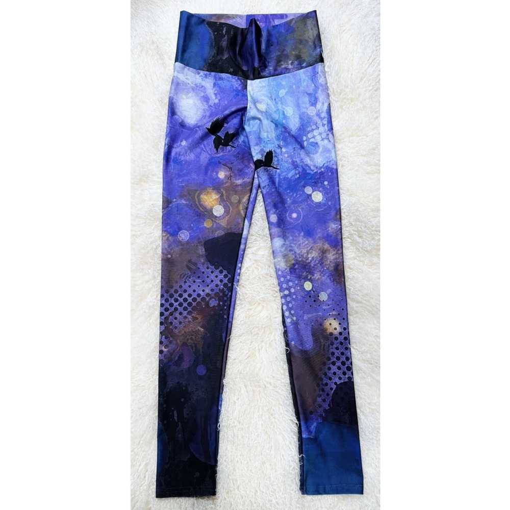 Claire Bull Art Purple Galaxy Bird Leggings | Medium Made in Canada Artist Made